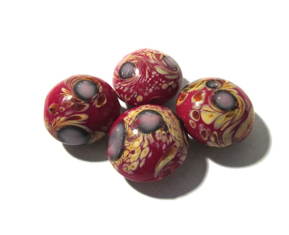 Lampwork Beads Red Stormy Focal Glass Beads Four 4 Lentils