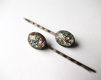 Sparkle Glass Bobby Pins, Vintage 1940s Foil Confetti Multi Color