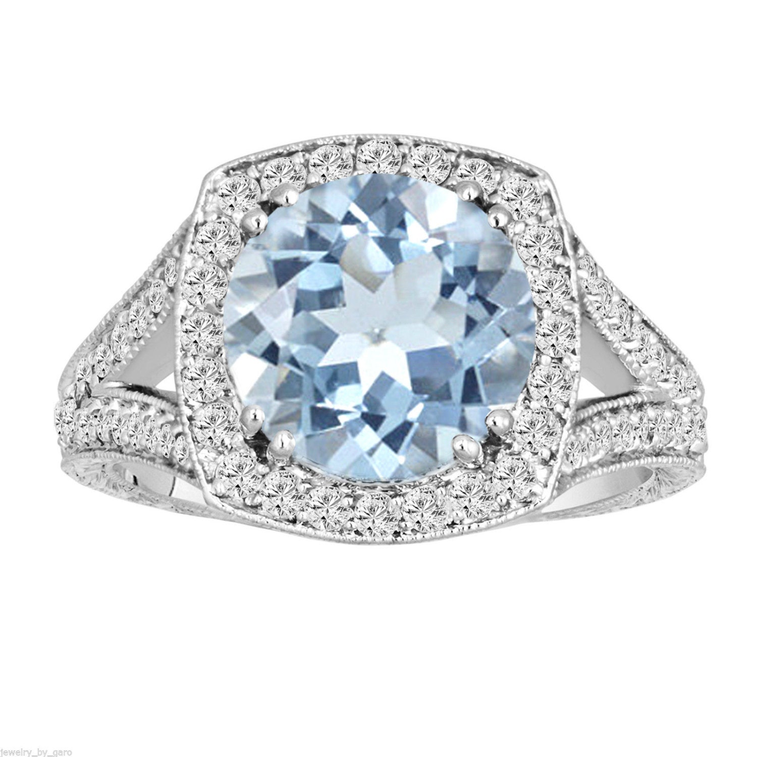 Aquamarine & Diamonds Engagement Ring 14K White by JewelryByGaro
