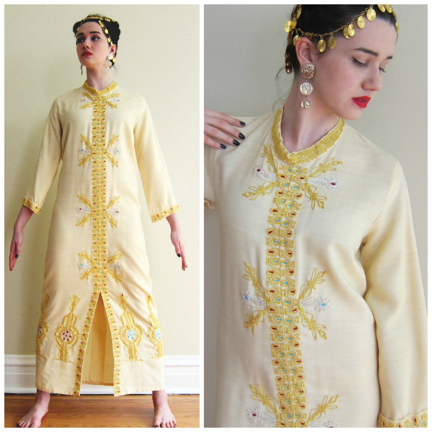 Vintage 1960s Caftan Dress in Beige with Gold Embroidery / 60s