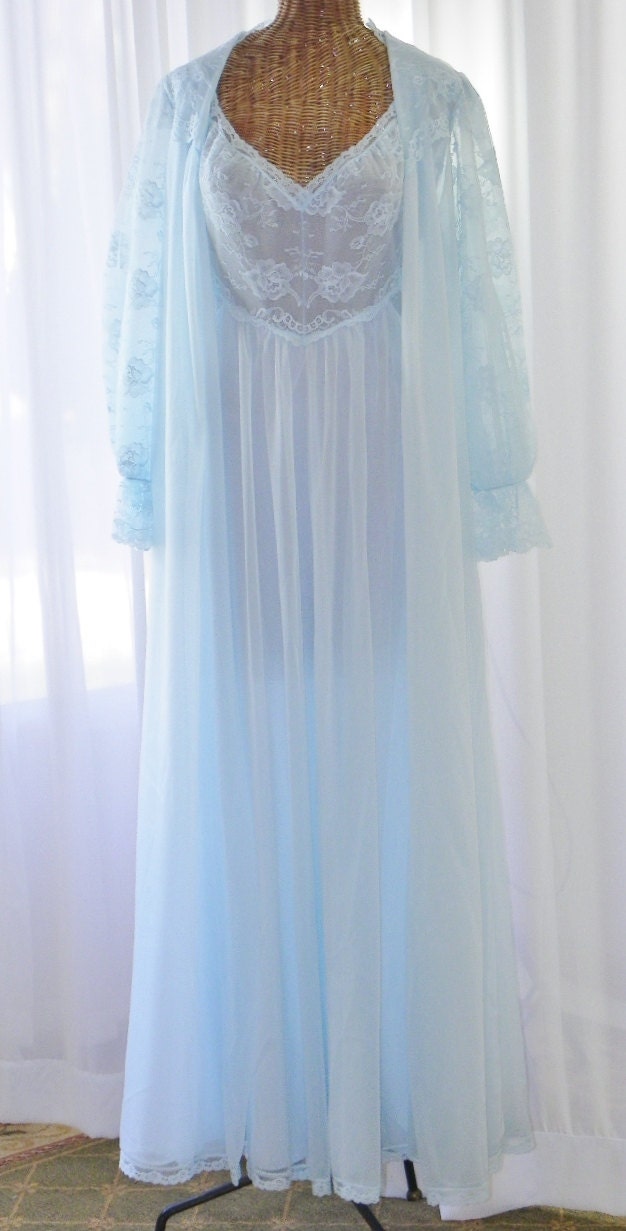 Chiffon Peignoir Set Robe Nightgown 1960s Sky Blue Two Layer