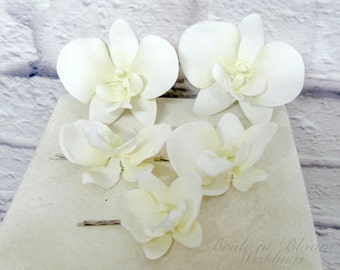 Wedding hair accessories - Orchid hair pins - White real touch orchid set of 5 - Bridal hair accessory