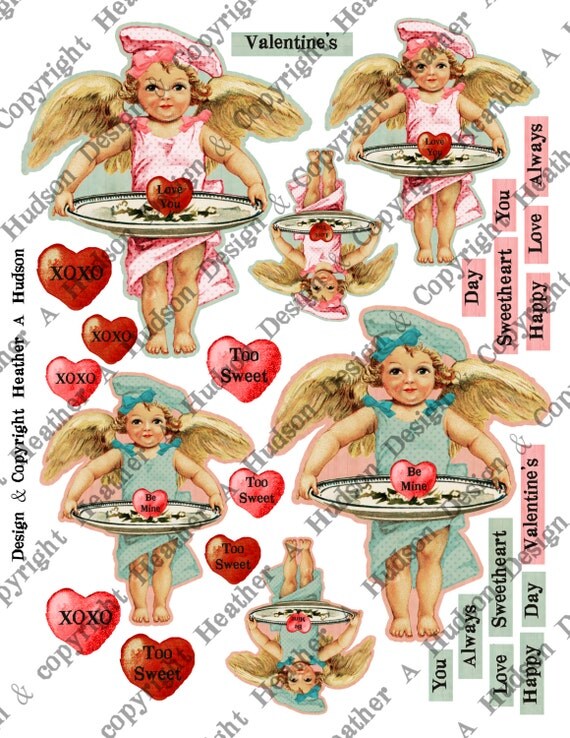 Victorian Vintage Valentine's Day Shabby Pink & Aqua Cherub Angel Hearts Digital Collage sheet Printable