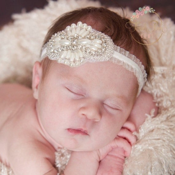 baby headband, Newborn Headband, Christening Headband, Baptism headband, Gatsby crystal pearls Headband, Baby Girl headband, Baby Hair Bows by ThinkPinkBows