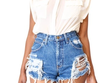 Destroyed Ripped Distress Custom Made High Waist Shorts S M L
