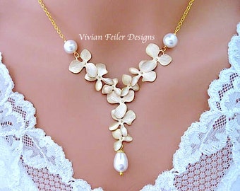 Necklace Pearl Orchid Jewelry GOLD White or Ivory Pearl Mother ...