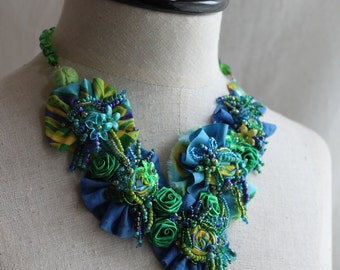ERIN ROSE Blue Green Beaded Textile Mixed Media Statement Necklace