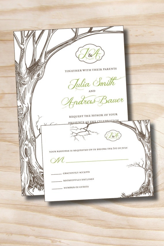 Vintage Tree initials Rustic Wedding Invitation and Response Card Invitation Suite Il_570xn