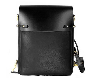 Black leather satchel bag, backpack, vertical, messenger, handmade, Melbourne, Australia, solid brass hardware, fits laptop, ipad, brown