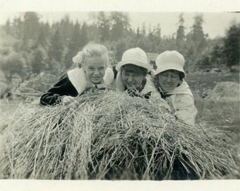 Vintage Photo "Hay Girls" Farm Women Snapshot Photo Old Antique Photo Black & White Photograph Found Photo Paper Ephemera Vernacular - 169