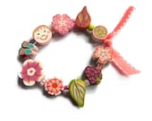 pink GIRLS Stretch BRACELET 6", , junior bridesmaid gift, Spring child jewelry, kids Bracelet, pink ribbon, multicolored polymer clay beads