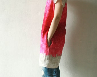 Hot pink and beige ombre thick linen dress with pockets
