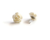 White Rose Cabochon Earrings with Glitter Dusting, Cute, Alternative, Rockabilly, Handmade, Flower, Feminine
