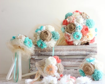 coral aqua blue Wedding bouquet set fabric flowers bridal bouquet bridesmaids bouquets turquoise bouquet rustic wedding bouquet keepsake