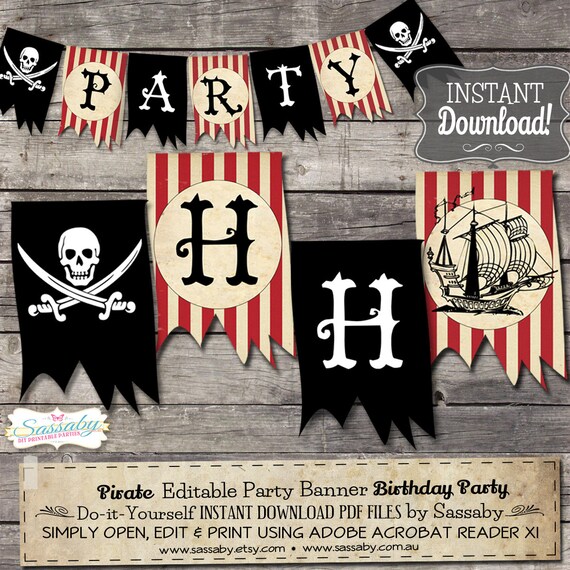 Pirate Party Banner Boys Birthday - INSTANT DOWNLOAD - Editable & Printable Party Decoration by Sassaby Il_570xn