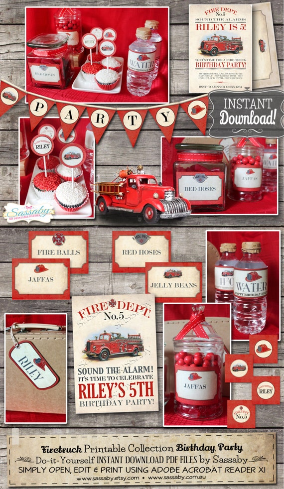 Firetruck Party Collection - INSTANT DOWNLOAD - Editable & Printable Fireman, Fire Engine, Birthday Party Decorations by Sassaby Parties Il_570xn