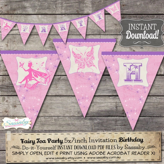 Fairy Party Banner - INSTANT DOWNLOAD - Editable & Printable Birthday Decorations, Decor, Bunting by Sassaby Parties Il_570xn