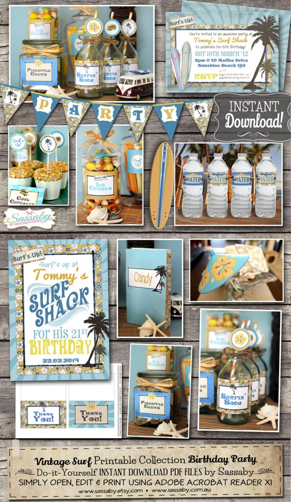 Vintage Surf Party Collection - INSTANT DOWNLOAD - Editable & Printable Beach, Pool, Surfer Birthday Party Decorations by Sassaby Parties Il_570xn