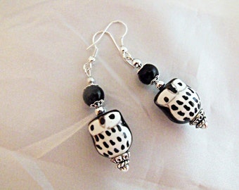 Silver Dangle Earrings, Cute Porcelain Owl Earrings Black and White Womens Gift Handmade