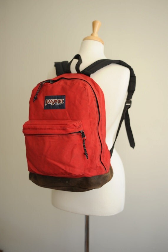 Vintage Jansport Red Canvas Backpack with Leather Bottom made