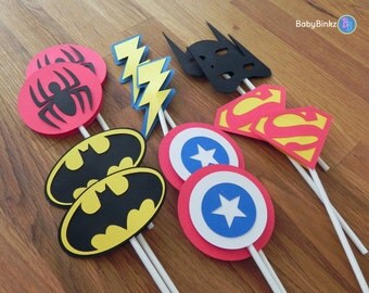 Die Cut Super Hero Logo Cupcake Toppers - superhero batman captain america spiderman superman comic birthday party decorations wedding