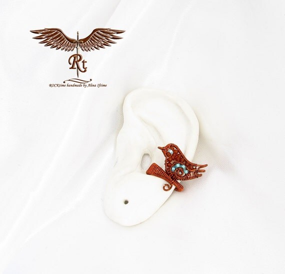 Little bird ear cuff spring earring copper bird by RockTime