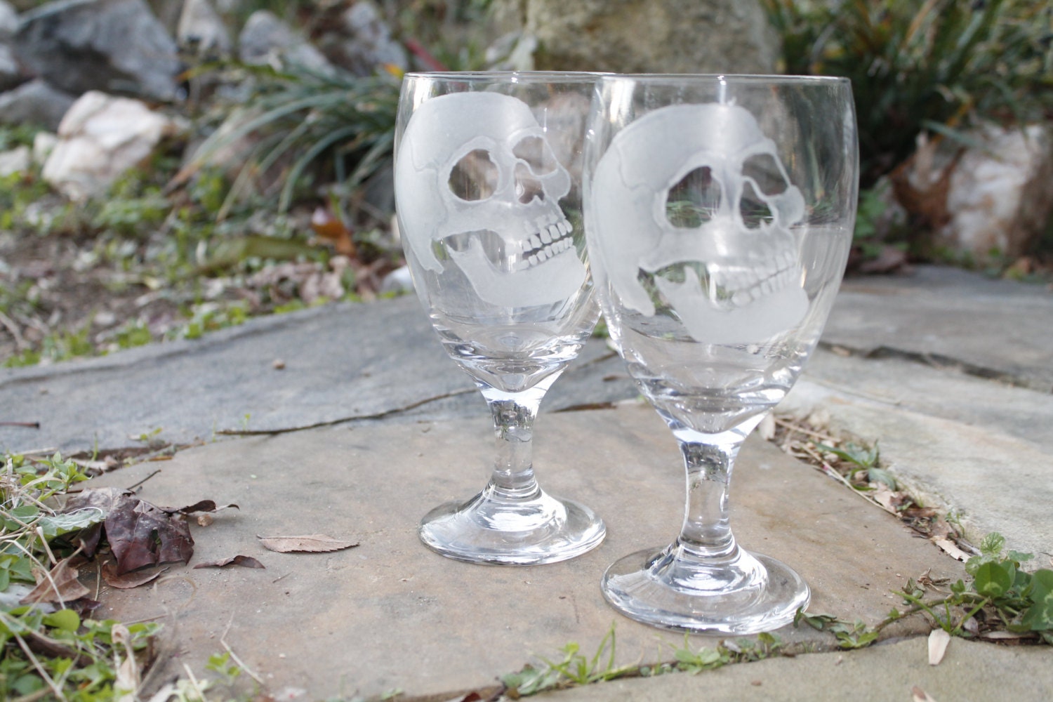 wine glasses skulls set of two hand engraved glass water