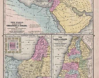 Israel 1844. Antique Tri-Part Map of Ancient Israel by J.H. Young - MAP PRINT
