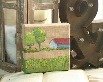 Miniature Barn Oil Painting on Burlap Canvas