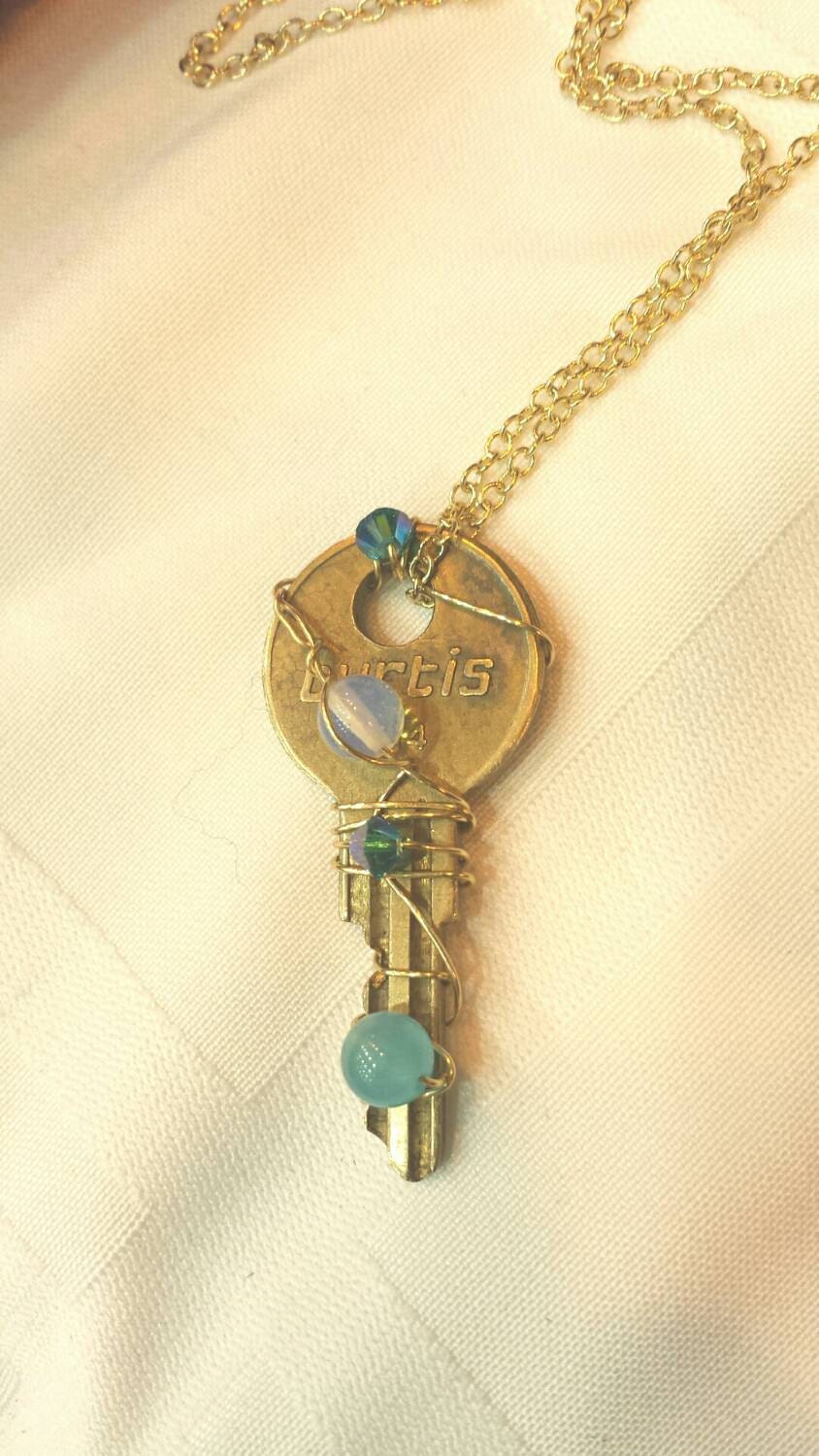 Antique Key Necklace Wrapped with crystals Aquamarine and