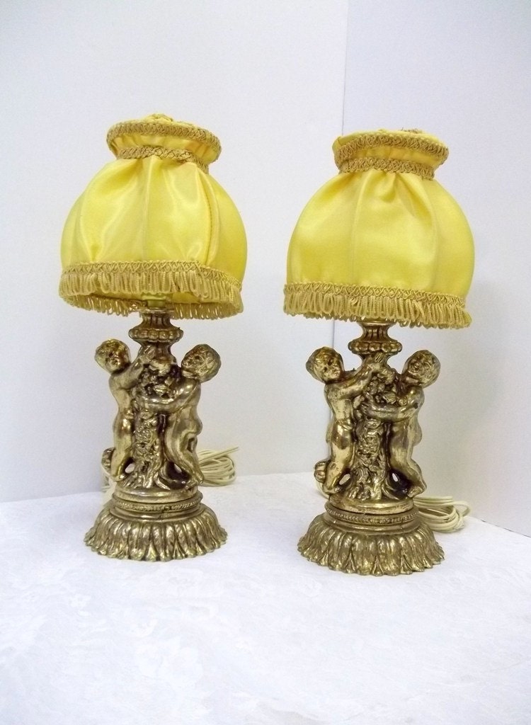 Pair of Small Brass Cherub Lamps Putti Putto Lamps Set of