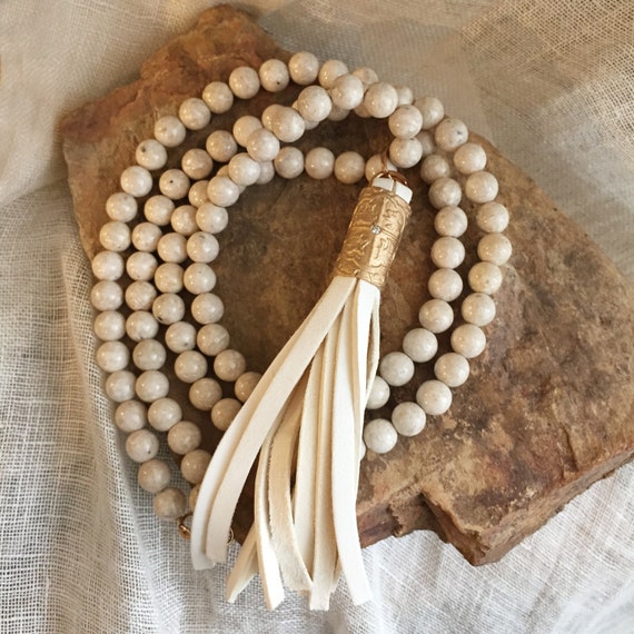 Ivory Mala Necklace With Leather Tassel