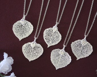 5 Bridesmaid Leaf Necklaces Silver, Bridesmaid Gift, Real Leaf Necklaces, Real Leaves, Dipped Leaf, Bridal Gift, Party Gift, Silver Leaf