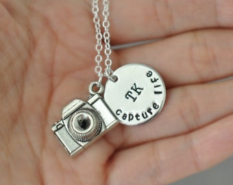 Camera necklace, Personalized initial camera necklace, Capture Life capture moment, snap, vintage camera, hand stamped, photographer gift