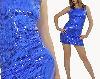 Blue Sequin dress Cocktail party mini deco Gatsby dress Open back sleeveless high neck dress Boho party mini dress small