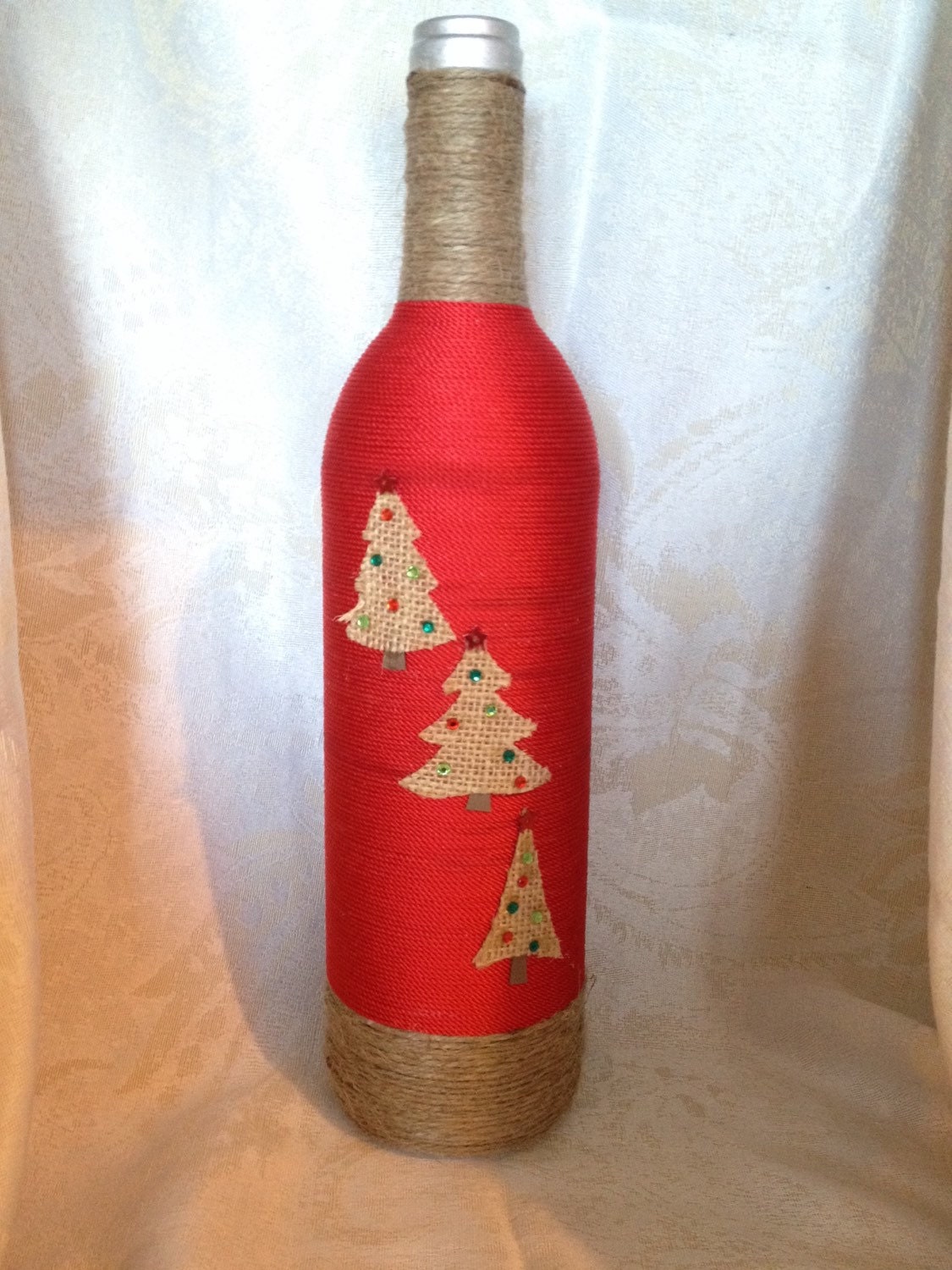 Yarn Wrapped Bottle with Christmas Trees