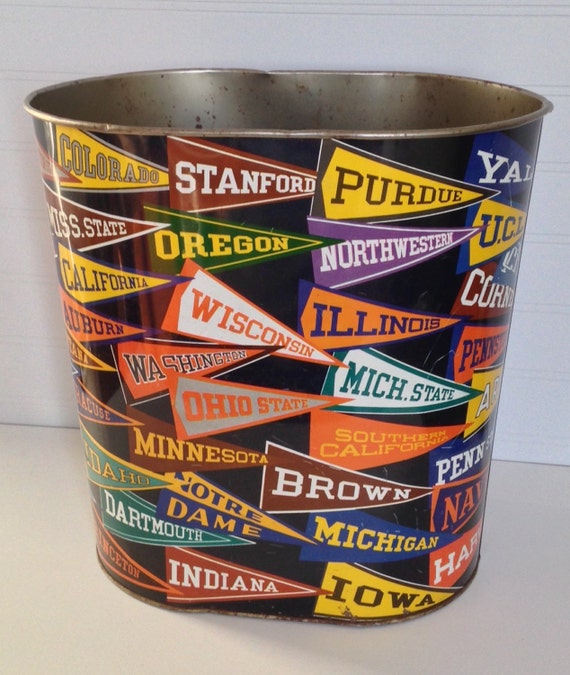 Vintage College Sports Pennant 1960s Metal Trash Can