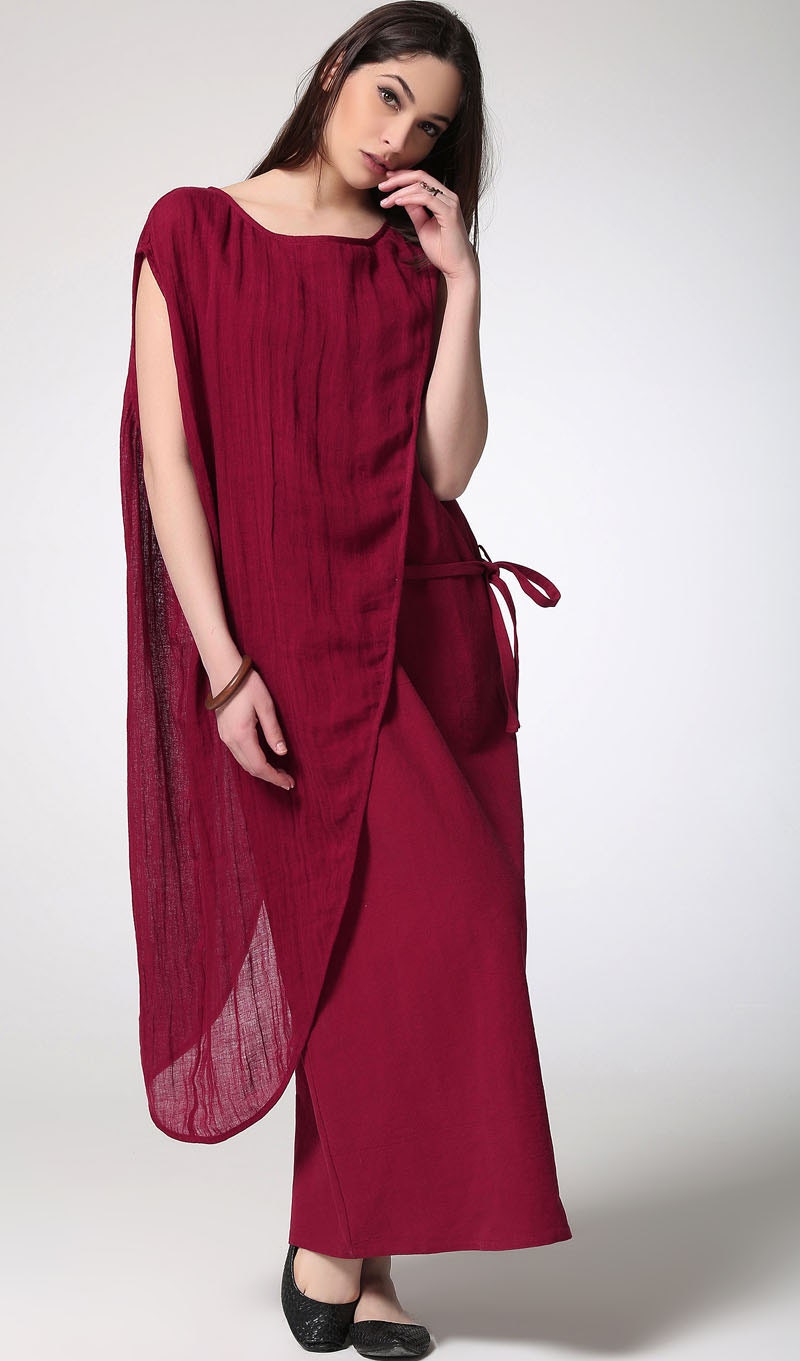 Red linen dress maxi dress women dress C420