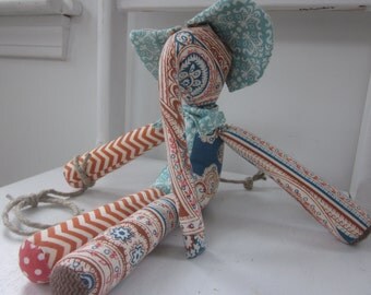 Personalized Stuffed Cowboy Elephant with Furoshiki/sac - Orange chevron/Teal/Blue -Nursery Decor/Baby/Toddler Gift/ Shower Gift/ Ragdoll