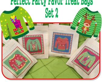Ugly Christmas Sweater Party Treat Favor Gift Bags Small Mini 6" Natural Cotton Totes Perfect for Adults Kids Children Bags - Sets of 4 or 8