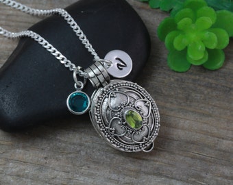 Sterling silver Locket necklace, Perfume OR Pills Box Necklace, Genuine Peridot Stone, Wish box, Choose initial birthstone, 6 bt