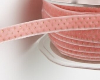 PEACH & GOLD Dots Velvet Sparkly 3/8" Ribbon
