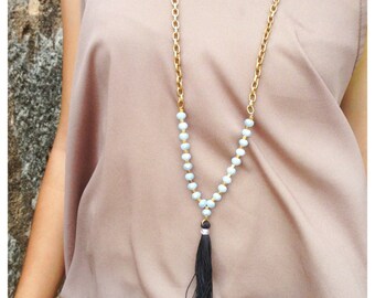 N604 - Long Tassel Necklace - Gray Beads and Black Tassel or Red Tassel- Antique Bronze Chain - Long Necklace - Boho Jewelry - Claribella