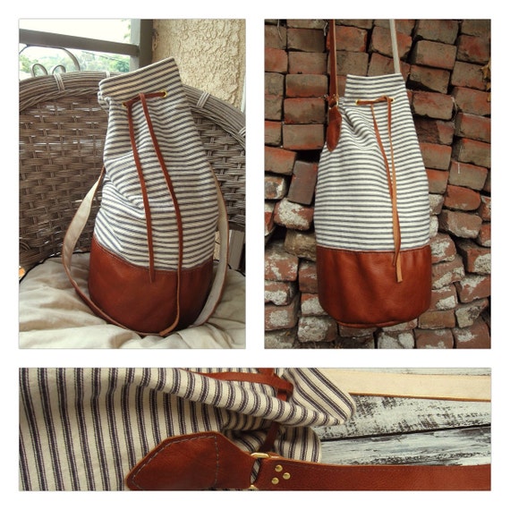 BUCKET STYLE large striped canvas and leather round-bottom bucket purse, bag, sack, beach bag, nautical style, handstitched and natural