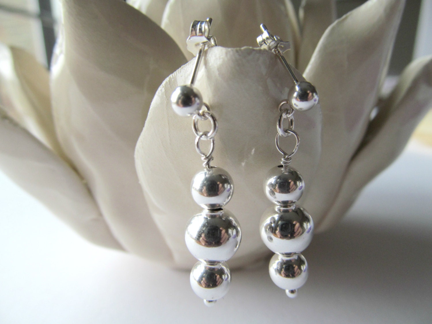 Silver Ball Earrings Silver Bead Earrings Long by NikkiHillsDesign