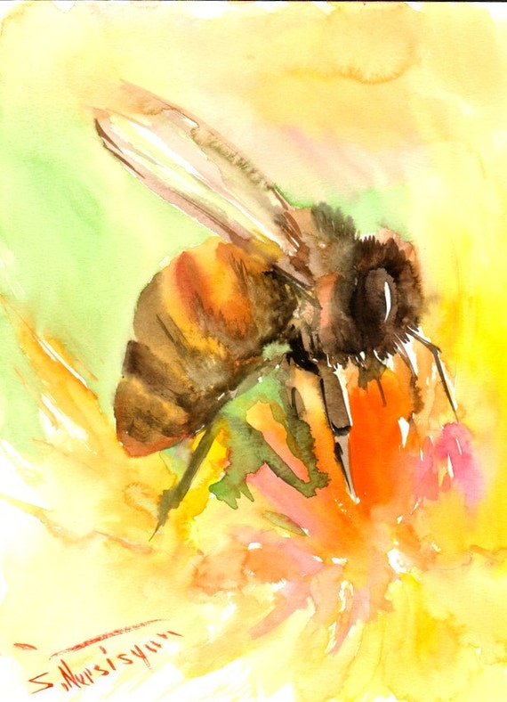 Download Bee and Flower Original watercolor painting 12 X 9 in honey