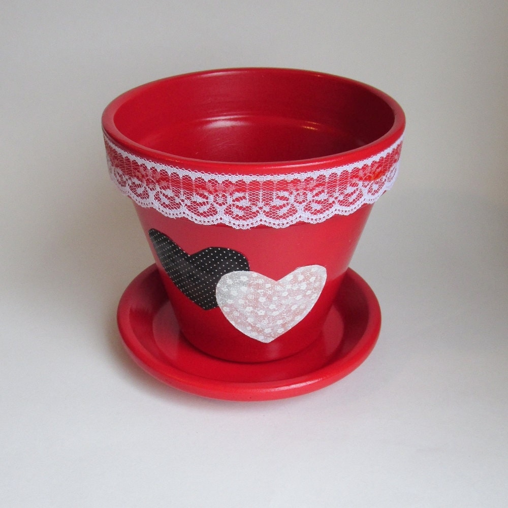 Painted Terra Cotta Planter Red Valentines Day Flower Pot