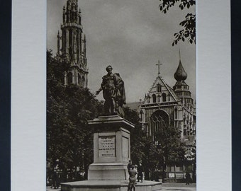 1923 Antique Antwerp Print of the Peter Paul Rubens Statue, Belgian Gift, Belgium Decor, Available Framed, Sepia Art, Place Verte, Cathedral