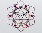 Sacred Geometry, Sterling Silver Merkaba in Lotus Pendant with 6 Pink Tourmaline Gems set in Sterling Silver, Sacred Geometry