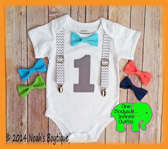 Boys First Birthday Outfit - Grey Chevron - Birthday Shirt - Suspenders Bow Tie - 1st Birthday - Birthday Clothes - Aqua - Lime - Navy by NoahsBoytiques